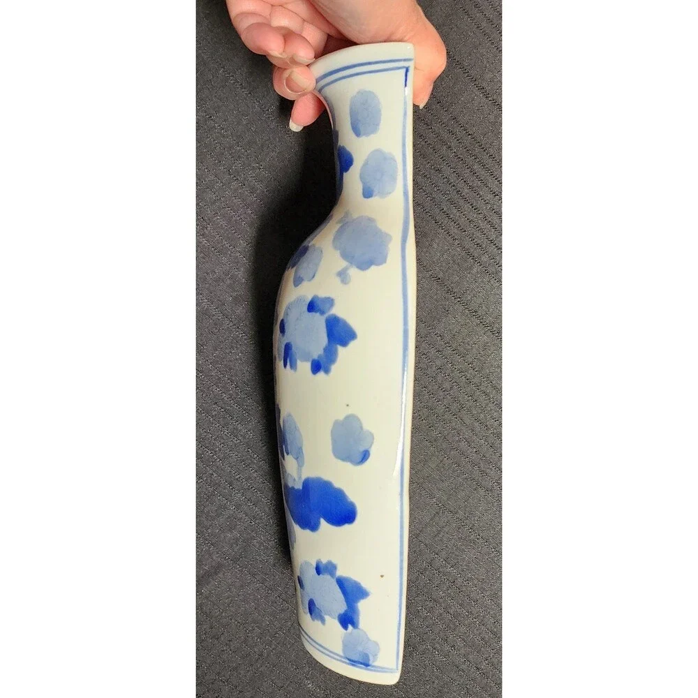 Vintage Ceramic Blue and White Floral Flat Wall Vase